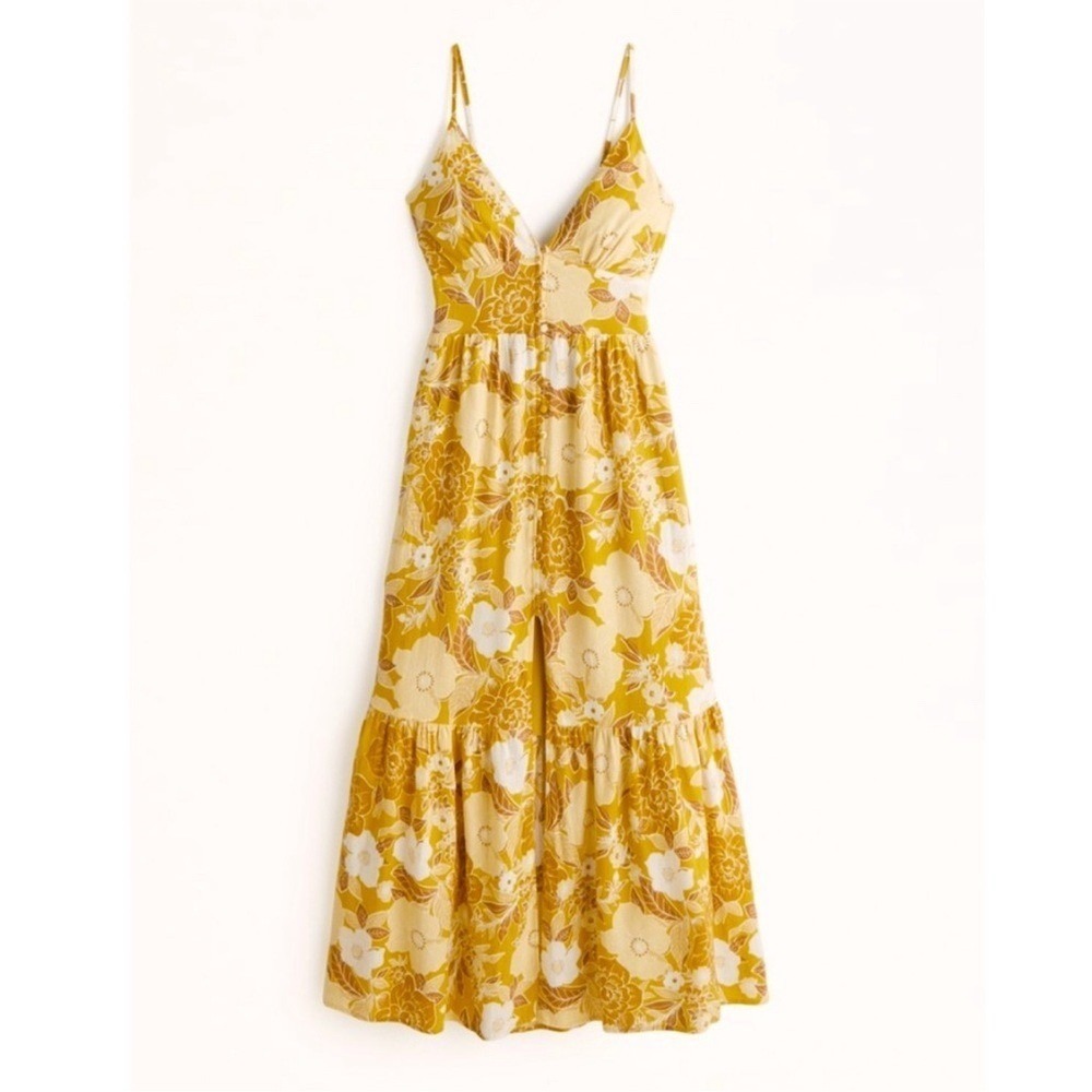 Abercrombie & Fitch Yellow Maxi Dress Small Button-Through Linen Blend‎ A&F